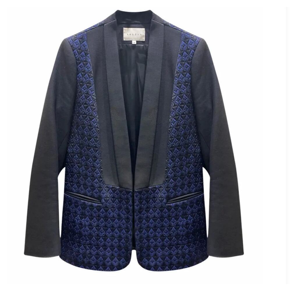 Women’s Sandro Black & Blue Textured Blazer Size 40 – Elegant Evening Jacket